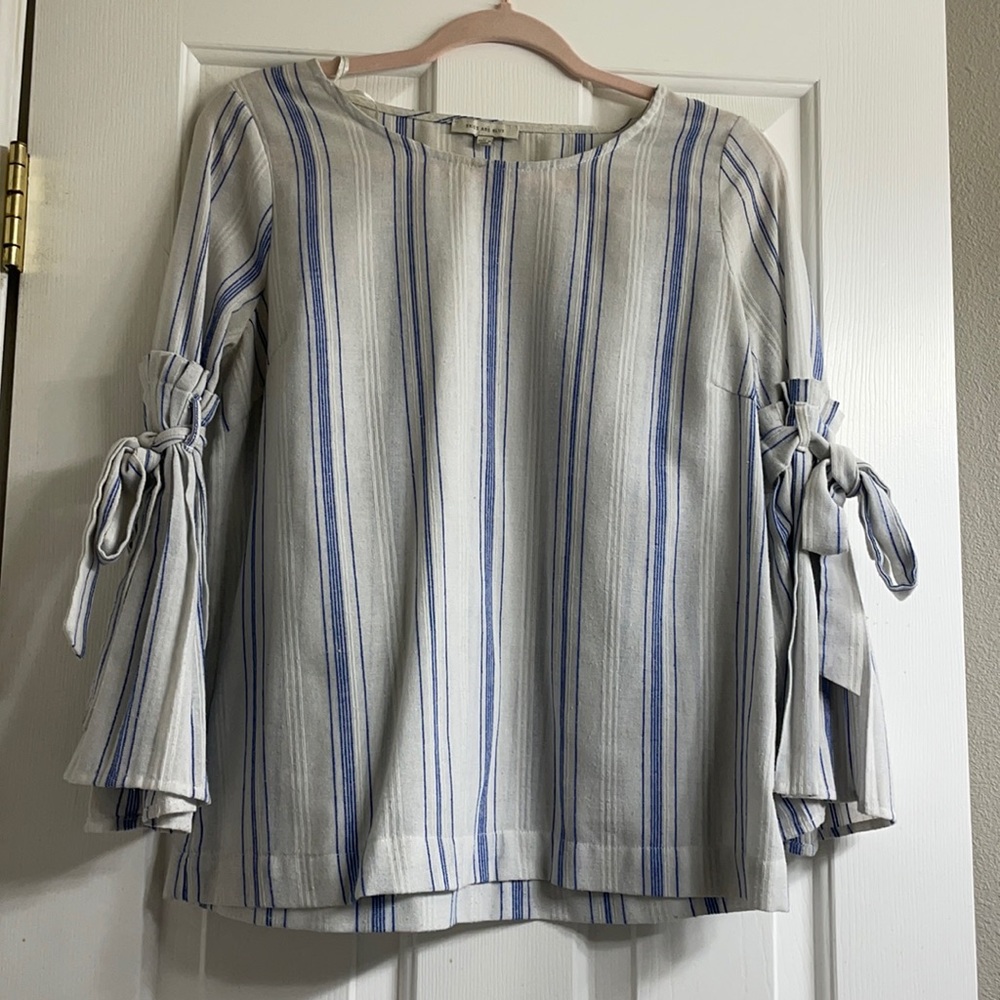 blue and white bell sleeves shirt